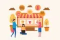 Illustration of people shopping outside a store with a striped awning. Sale icons and product images above. Atmosphere is casual and welcoming.