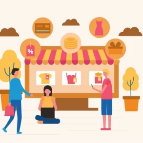 Illustration of people shopping outside a store with a striped awning. Sale icons and product images above. Atmosphere is casual and welcoming.