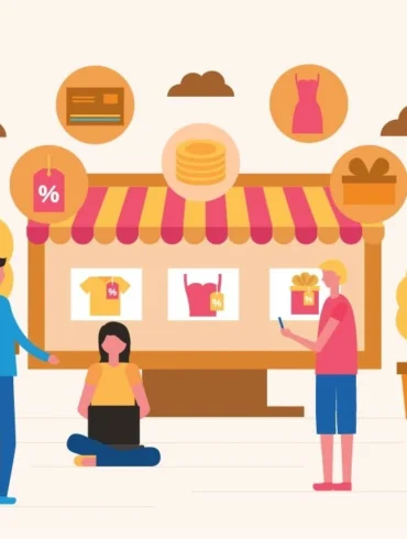 Illustration of people shopping outside a store with a striped awning. Sale icons and product images above. Atmosphere is casual and welcoming.
