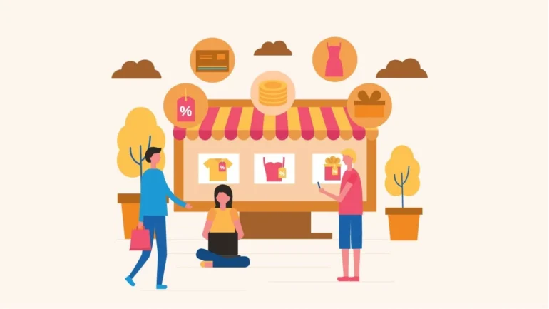 Illustration of people shopping outside a store with a striped awning. Sale icons and product images above. Atmosphere is casual and welcoming.