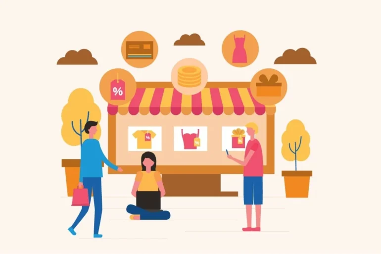 Illustration of people shopping outside a store with a striped awning. Sale icons and product images above. Atmosphere is casual and welcoming.