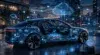 A futuristic car with digital circuits and icons like cloud storage, music, and navigation. The setting is a city at night, conveying high-tech innovation.