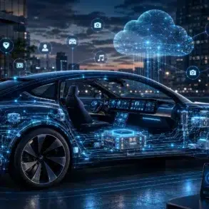 A futuristic car with digital circuits and icons like cloud storage, music, and navigation. The setting is a city at night, conveying high-tech innovation.