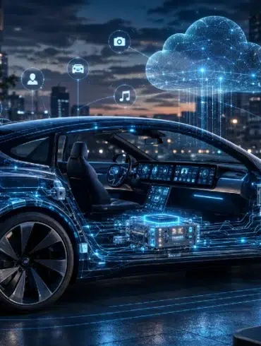 A futuristic car with digital circuits and icons like cloud storage, music, and navigation. The setting is a city at night, conveying high-tech innovation.