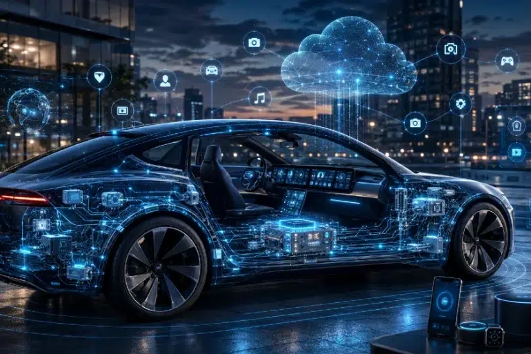 A futuristic car with digital circuits and icons like cloud storage, music, and navigation. The setting is a city at night, conveying high-tech innovation.