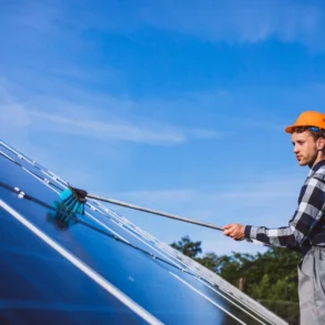 A person in a hard hat cleaning solar panels with a brush under a clear blue sky, emphasizing renewable energy and maintenance work.