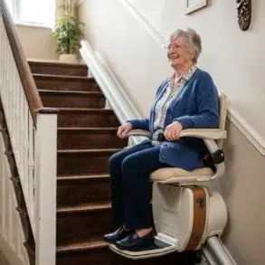 Elderly woman smiling while sitting on a stairlift in a cozy home. She's wearing a blue cardigan, and the room is warmly lit, conveying comfort.