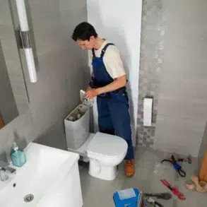 A plumber in blue overalls works on a toilet tank in a modern bathroom. Tools are scattered on the floor, conveying a sense of focused repair work.
