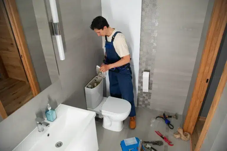 A plumber in blue overalls works on a toilet tank in a modern bathroom. Tools are scattered on the floor, conveying a sense of focused repair work.