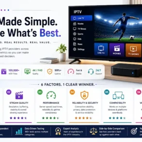 Infographic promoting IPTV for 2026, showing features like 20,000 channels, 4K quality, and 24/7 support. Emphasizes ease of use and reliability.