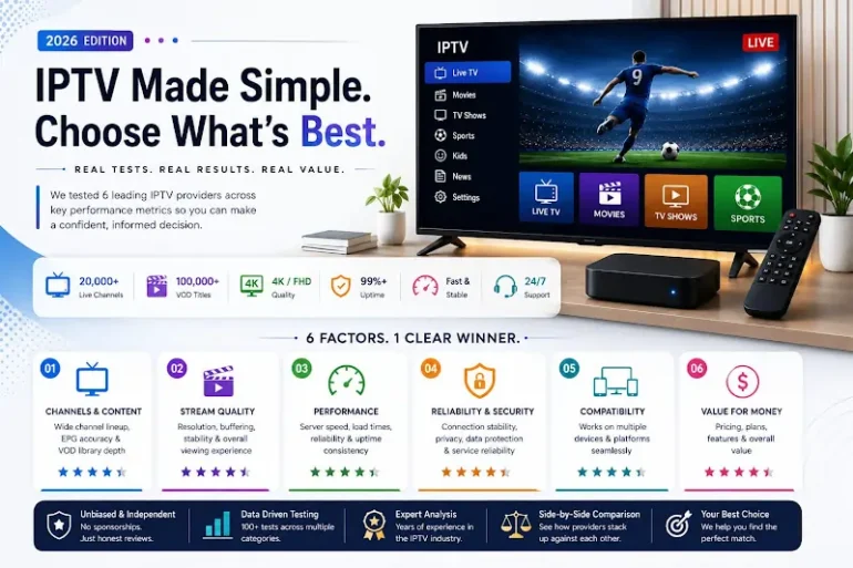 Infographic promoting IPTV for 2026, showing features like 20,000 channels, 4K quality, and 24/7 support. Emphasizes ease of use and reliability.