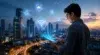 Man using a tablet with digital Wi-Fi and internet icons hovering, city skyline and highway at dusk in the background.