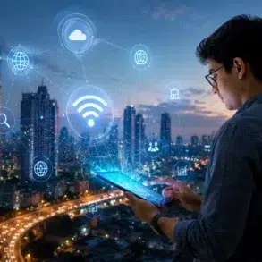 Man using a tablet with digital Wi-Fi and internet icons hovering, city skyline and highway at dusk in the background.