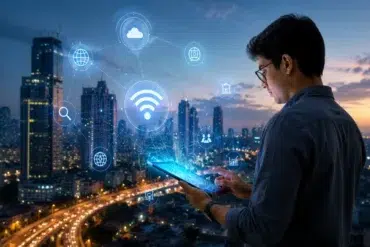 Man using a tablet with digital Wi-Fi and internet icons hovering, city skyline and highway at dusk in the background.