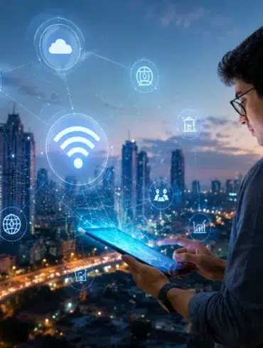 Man using a tablet with digital Wi-Fi and internet icons hovering, city skyline and highway at dusk in the background.