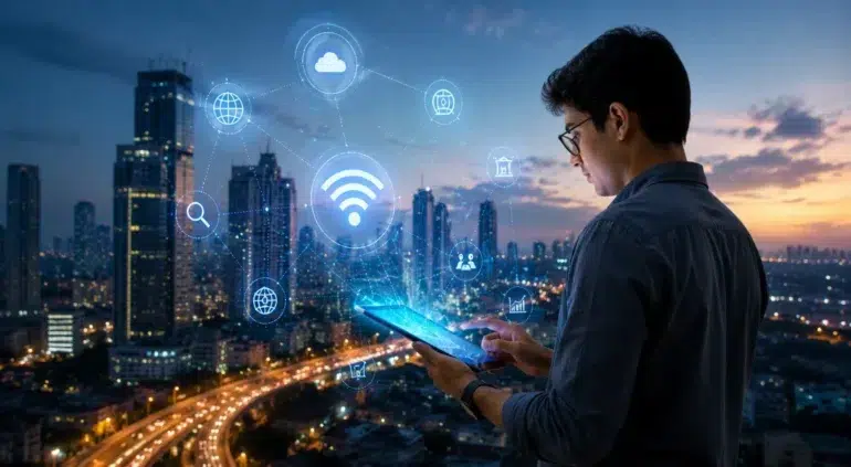 Man using a tablet with digital Wi-Fi and internet icons hovering, city skyline and highway at dusk in the background.
