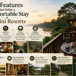 Features defining a comfortable stay at Kabini Resorts include luxurious rooms, delicious cuisine, nature immersion, wildlife safaris, wellness, warm hospitality, scenic views, and safety.