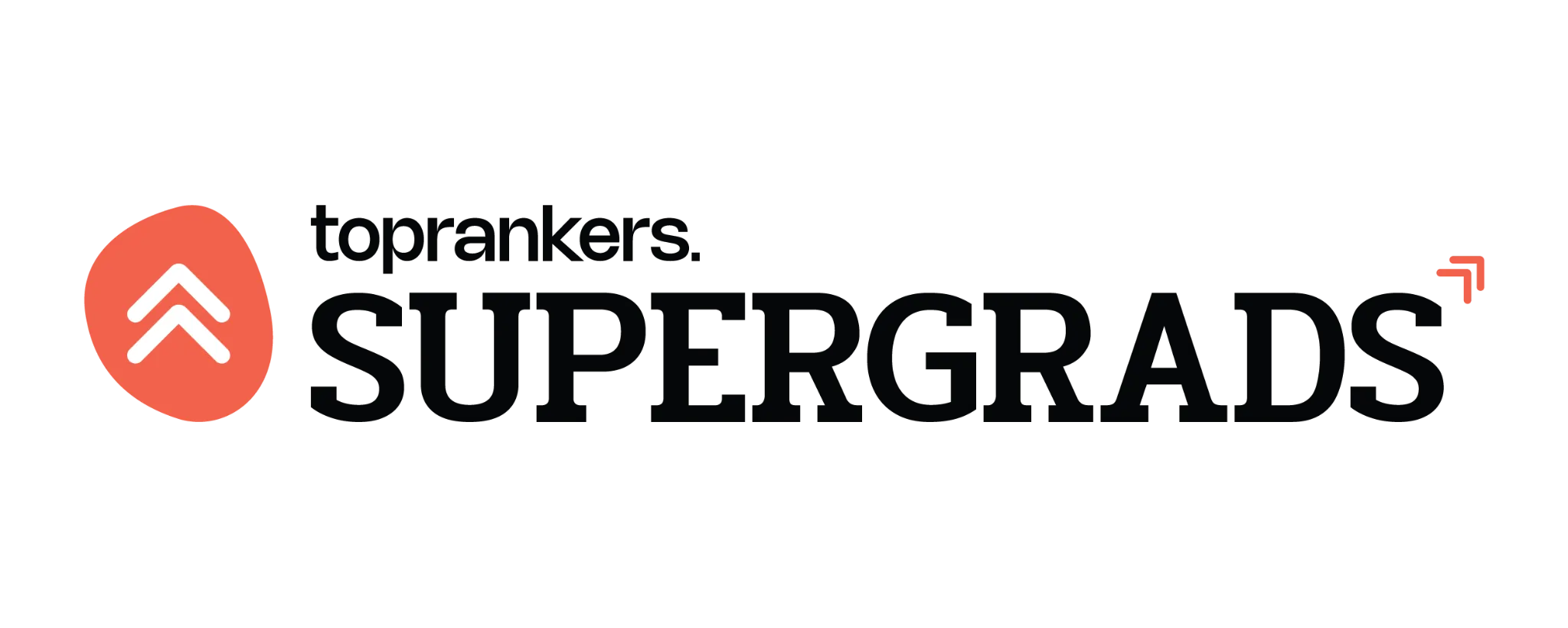 Logo for "Toprankers Supergrads" on a black background. Features an orange icon with upward arrows and sleek, modern text conveying a sense of progress.