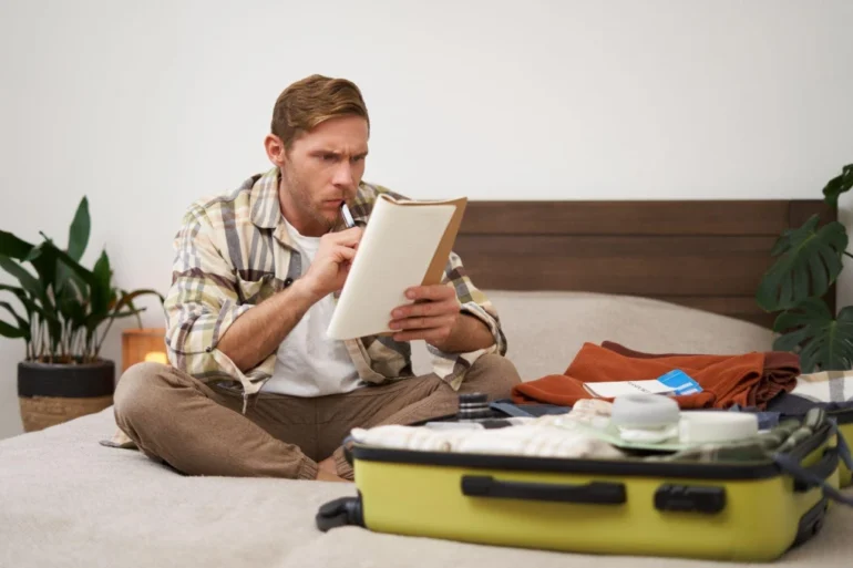 Man sitting cross-legged on bed, checking a list while packing a yellow suitcase with clothes and toiletries.