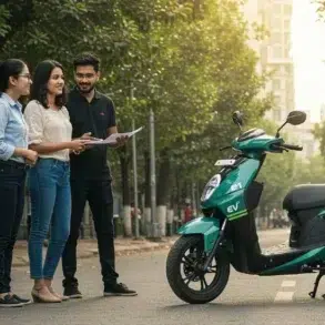 Three people stand on a sunlit street, smiling and discussing near a turquoise electric scooter. Icons highlight insurance benefits like coverage and assistance.