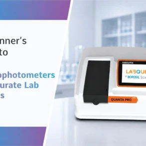 Image of a UV-Vis spectrophotometer in a lab with text reading 'A Beginner's Guide to UV-Vis Spectrophotometers for Accurate Lab Analysis.' Modern, scientific ambiance.