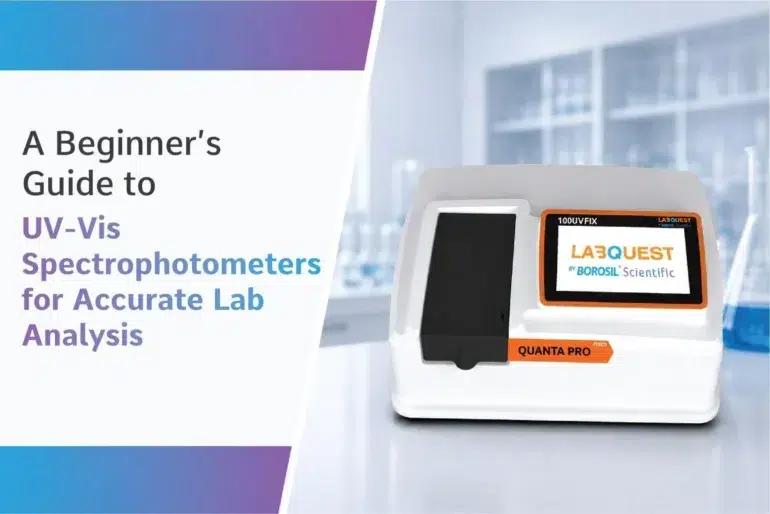 Image of a UV-Vis spectrophotometer in a lab with text reading 'A Beginner's Guide to UV-Vis Spectrophotometers for Accurate Lab Analysis.' Modern, scientific ambiance.