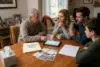 A serious family discussion unfolds around a table with papers labeled "Funeral Planning." An older man engages with three adults, conveying a thoughtful mood.