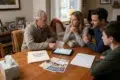 A serious family discussion unfolds around a table with papers labeled "Funeral Planning." An older man engages with three adults, conveying a thoughtful mood.