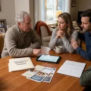 A serious family discussion unfolds around a table with papers labeled "Funeral Planning." An older man engages with three adults, conveying a thoughtful mood.