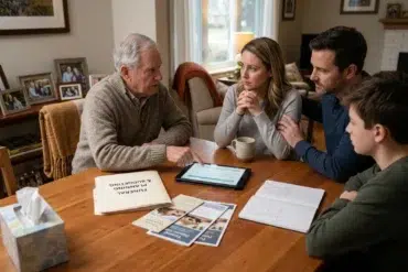 A serious family discussion unfolds around a table with papers labeled "Funeral Planning." An older man engages with three adults, conveying a thoughtful mood.