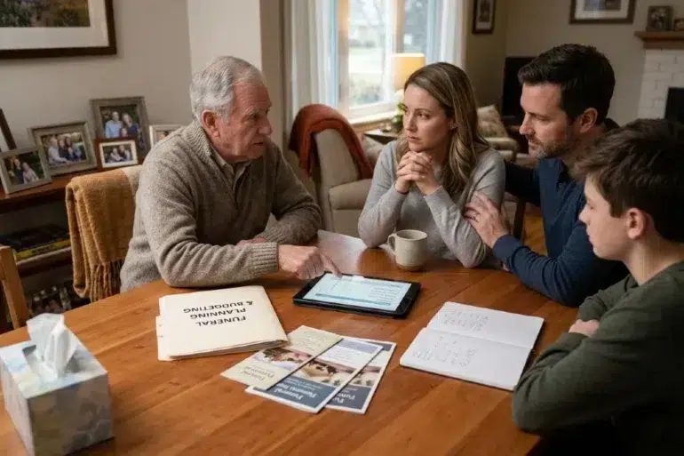 A serious family discussion unfolds around a table with papers labeled "Funeral Planning." An older man engages with three adults, conveying a thoughtful mood.