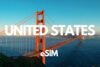 Aerial view of the Golden Gate Bridge against a clear blue sky. Large white text reads "UNITED STATES" above, with "eSIM" below. Vibrant and iconic scene.