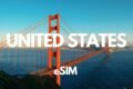 Aerial view of the Golden Gate Bridge against a clear blue sky. Large white text reads "UNITED STATES" above, with "eSIM" below. Vibrant and iconic scene.