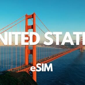 Aerial view of the Golden Gate Bridge against a clear blue sky. Large white text reads "UNITED STATES" above, with "eSIM" below. Vibrant and iconic scene.