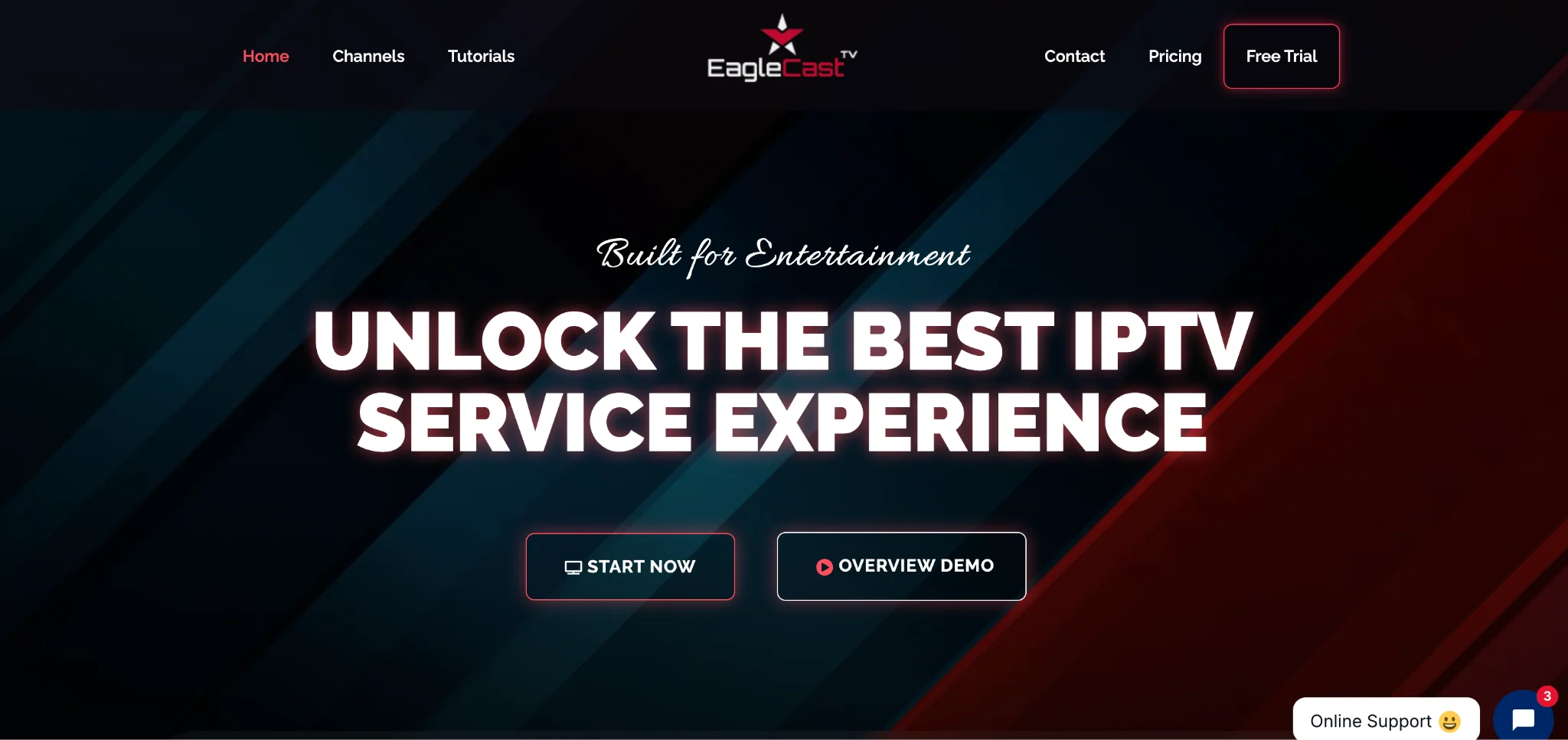 Homepage of EagleCast TV IPTV service with navigation menu and call-to-action buttons for starting or viewing a demo.