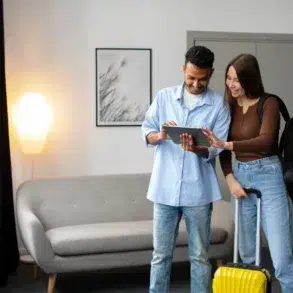 A man and woman stand in a room looking at a tablet, with a suitcase and backpack ready for travel.
