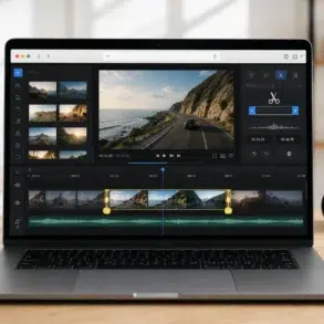A laptop displaying a video editing software interface. The screen shows a coastal road video clip. Surrounding items include a camera, notebook, and plant, conveying a creative workspace vibe.