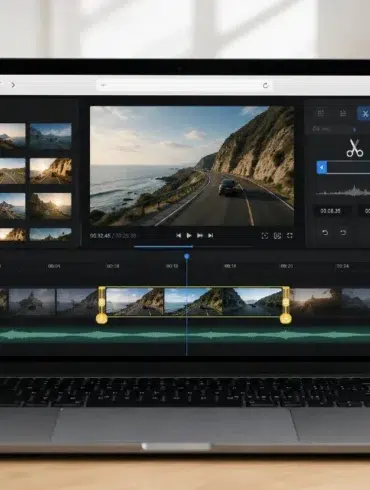 A laptop displaying a video editing software interface. The screen shows a coastal road video clip. Surrounding items include a camera, notebook, and plant, conveying a creative workspace vibe.
