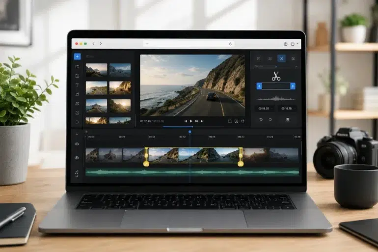 A laptop displaying a video editing software interface. The screen shows a coastal road video clip. Surrounding items include a camera, notebook, and plant, conveying a creative workspace vibe.