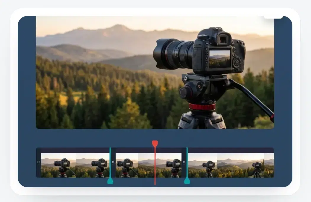 A camera on a tripod captures a scenic forest and mountain view at sunset. Below, a video editing timeline displays the footage in a software interface.