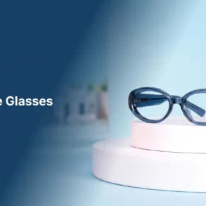 Blue oval-framed glasses displayed on white circular platforms against a light blue background with "Blue Glasses" text.