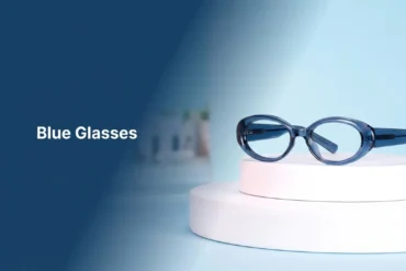 Blue oval-framed glasses displayed on white circular platforms against a light blue background with "Blue Glasses" text.
