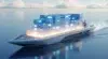 Futuristic cargo ship gliding across calm ocean water, carrying glowing, stacked cargo containers. The scene is serene with a sci-fi tone.