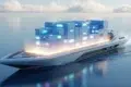 Futuristic cargo ship gliding across calm ocean water, carrying glowing, stacked cargo containers. The scene is serene with a sci-fi tone.
