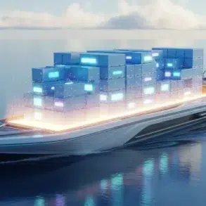 Futuristic cargo ship gliding across calm ocean water, carrying glowing, stacked cargo containers. The scene is serene with a sci-fi tone.