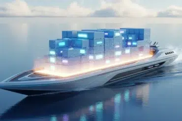 Futuristic cargo ship gliding across calm ocean water, carrying glowing, stacked cargo containers. The scene is serene with a sci-fi tone.
