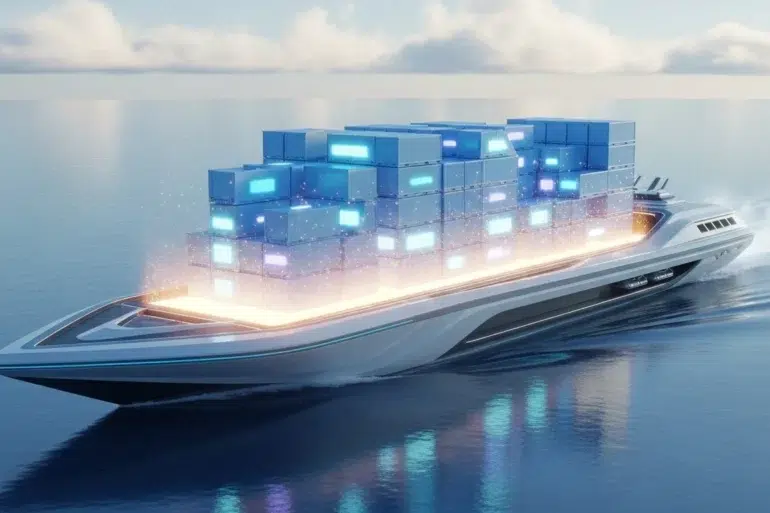 Futuristic cargo ship gliding across calm ocean water, carrying glowing, stacked cargo containers. The scene is serene with a sci-fi tone.