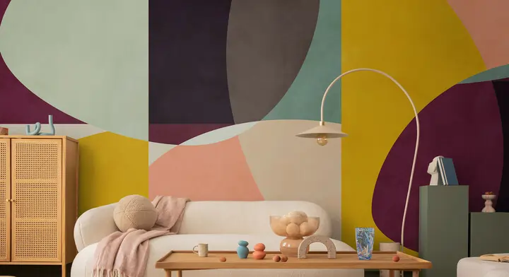 A modern living room with a colorful geometric wall mural. A white sofa with pillows and a pink throw sits below a curved floor lamp. A wooden table holds decorative items.