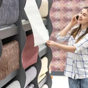 A woman in a plaid shirt stands in a store aisle with rolls of fabric. She smiles while holding a phone to her ear and examining a roll of wallpaper.