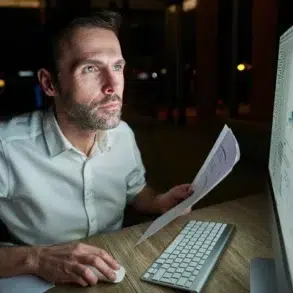 Person in white shirt working late at night on a computer, holding a printed document with charts visible on the monitor.
